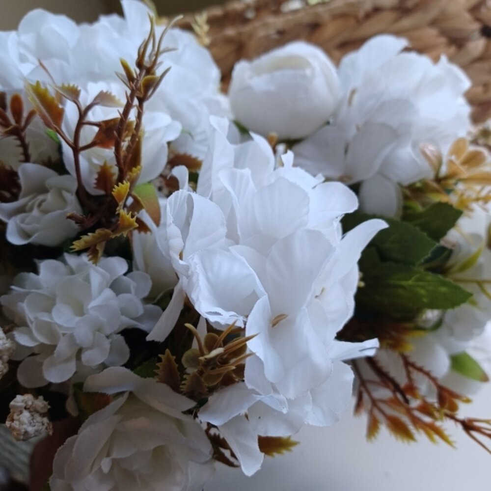 Faux White Rose Floral Arrangement in Glass Vase | 14.5" Tall Great Centerpiece